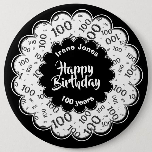 Happy Birthday, 100th Black/White Number Pattern 6 Cm Round Badge (Front)