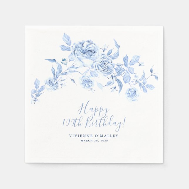 Happy Birthday 100th Blue Rose Floral Custom Napkin (Front)