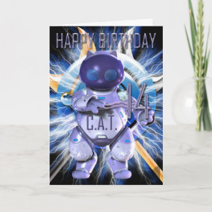 Happy Birthday 14th, Robot Cat, Techno Modern Card