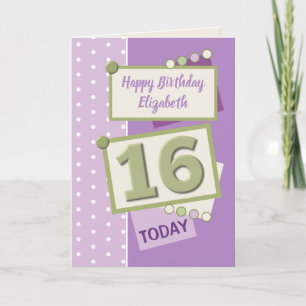Happy Birthday 16 today purple and green Card