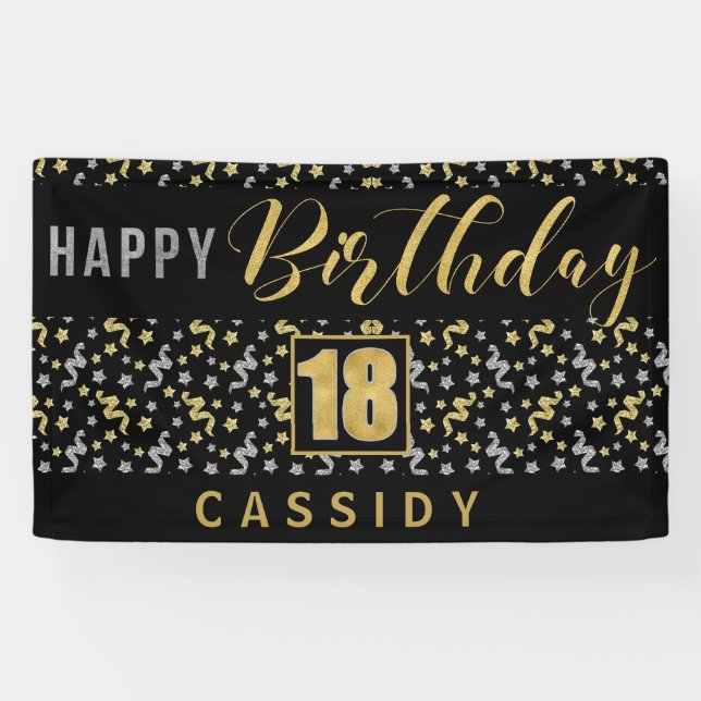 Happy Birthday 18 with Name Black and Gold Banner (Horizontal)