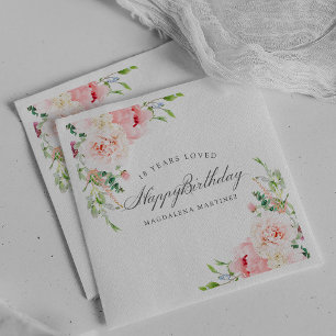 Happy Birthday 18 Years Loved Pink Floral Custom Napkin