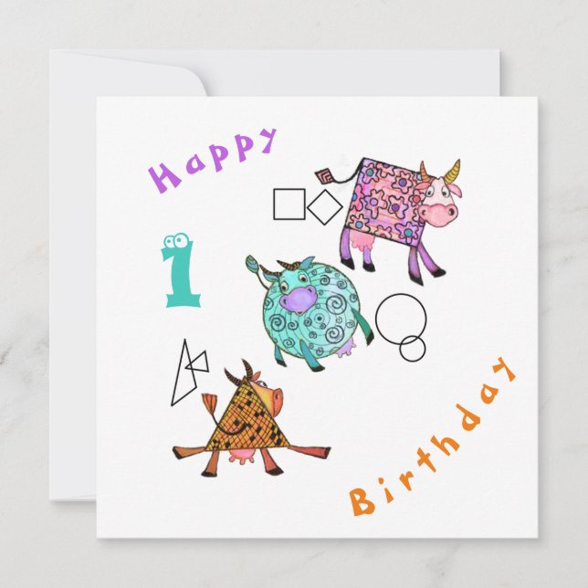 Happy Birthday 1 Card Colourful Geometric Cows (Front)