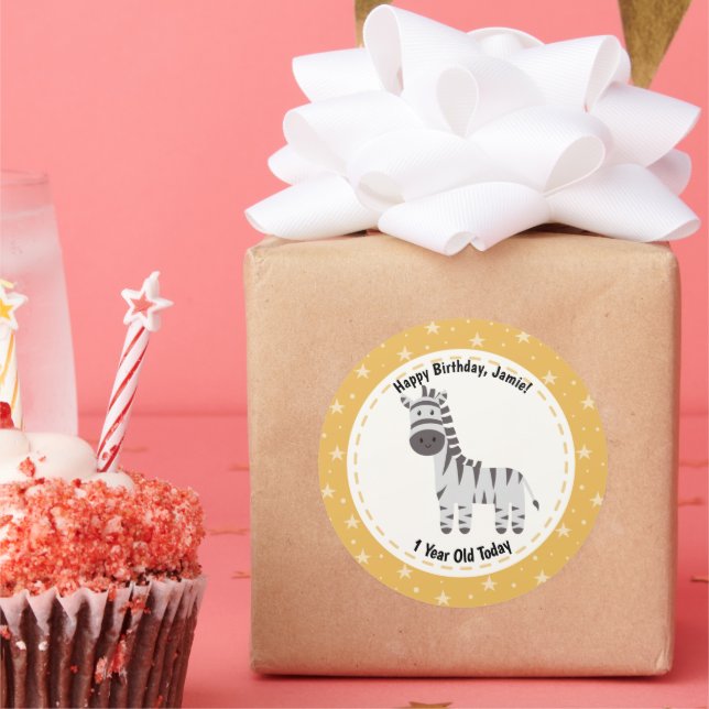 Happy Birthday 1 Year Old Today Cute Zebra Name Classic Round Sticker (Party)