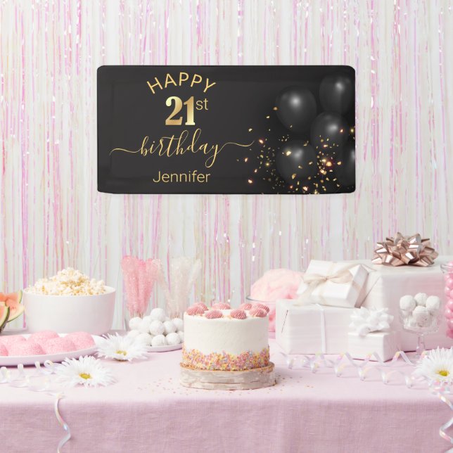 happy birthday 21 gold black balloons confetti  banner (Party)