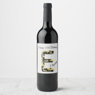 Happy Birthday 21st Elegant Letter E Monogram Wine Label