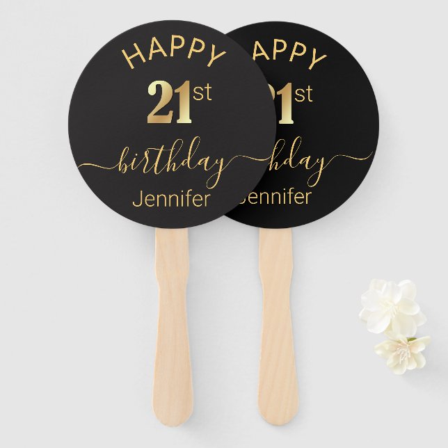 happy birthday 21st golden black minimalist luxury hand fan (Front and Back)