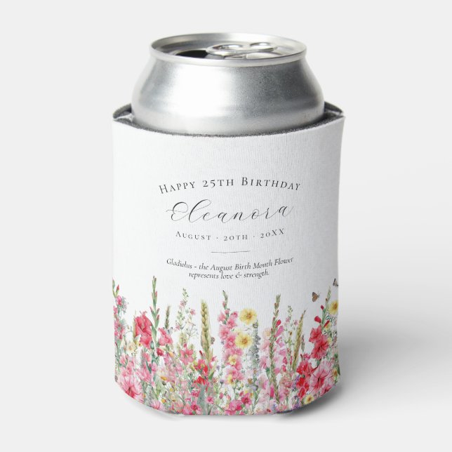 Happy Birthday 25th August Birth Flower Custom Can Cooler (Can Front)