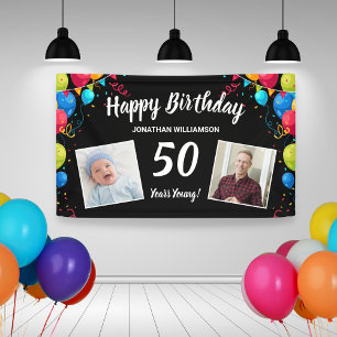 Happy Birthday, 2 Photos, Any Age, Fun Balloons Banner