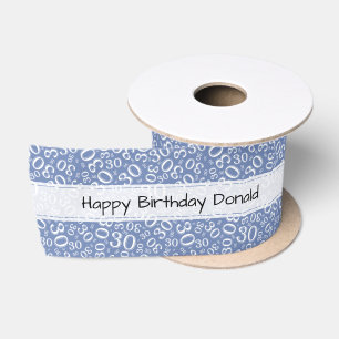 Happy Birthday 30 Blue/White Number Pattern Satin Ribbon