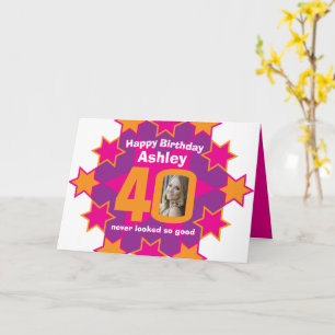 Happy birthday 40 pink stars custom name and photo card
