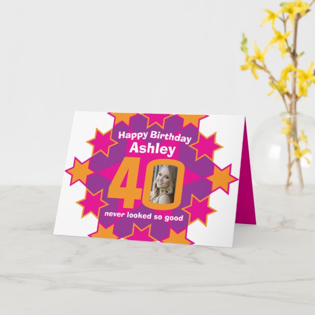Happy birthday 40 pink stars custom name and photo card (Yellow Flower)