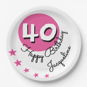 Happy Birthday 40th Pink Custom Name Paper Plate
