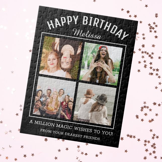 Happy Birthday 4 Photo Collage Jigsaw Puzzle (Happy Birthday 4 Photo Collage Jigsaw Puzzle Best friend birthday gift idea)