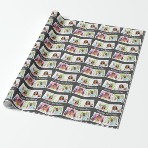 Happy Birthday 4 Photo Collage Pattern Grey Wrapping Paper
