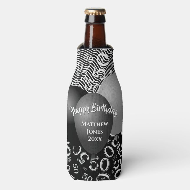 Happy Birthday 50th Number Pattern Black/White 50 Bottle Cooler (Bottle Front)