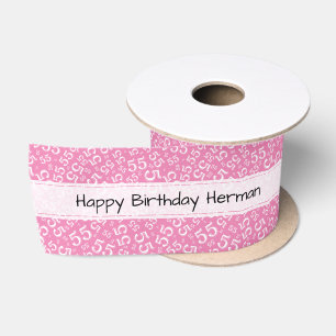 Happy Birthday 55 Number Pattern Pink/White Satin Ribbon