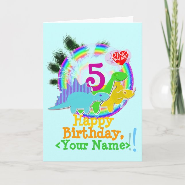 Happy Birthday 5 Years, Your Name Dinos Card (Front)