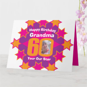 Happy birthday 60 pink stars grandma photo card