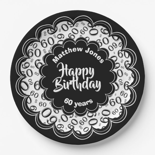 Happy Birthday 60th Black/White Number Pattern Paper Plate (Front)