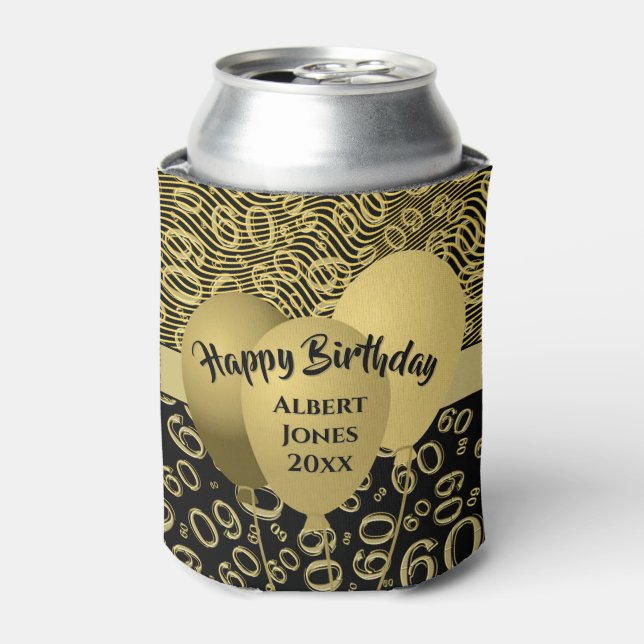 Happy Birthday 60th Number Pattern Gold and Black Can Cooler (Can Front)