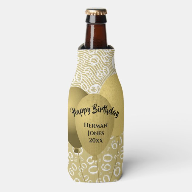 Happy Birthday 60th Number Pattern Gold and White Bottle Cooler (Bottle Front)