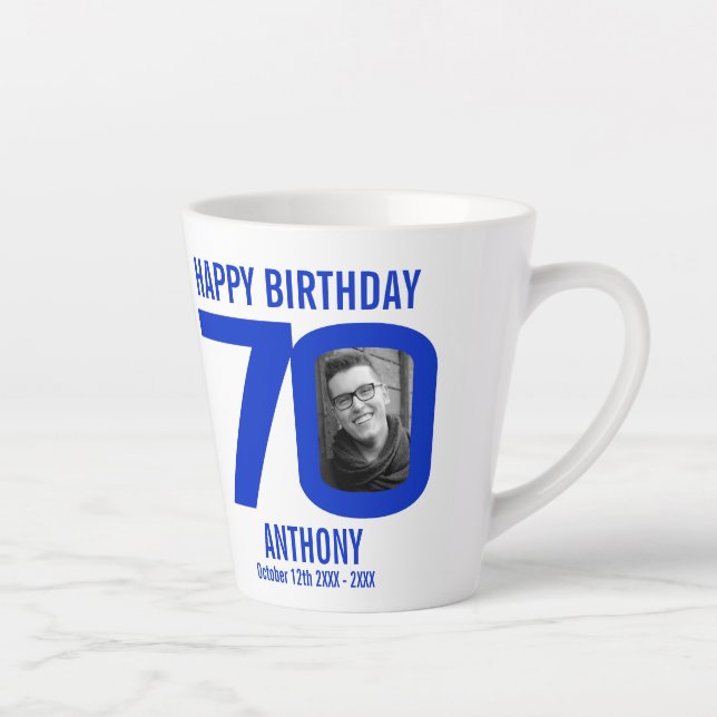 Happy birthday 70 name two photos in year blue latte mug (Right)