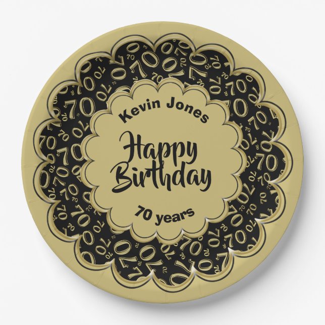 Happy Birthday 70th Black/Gold Number Pattern Paper Plate (Front)