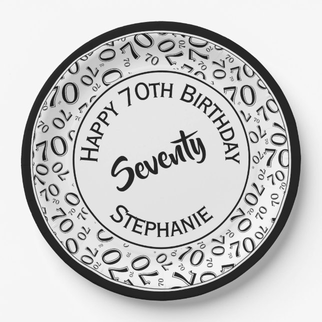 Happy Birthday 70th Black/White Number Pattern Paper Plate (Front)