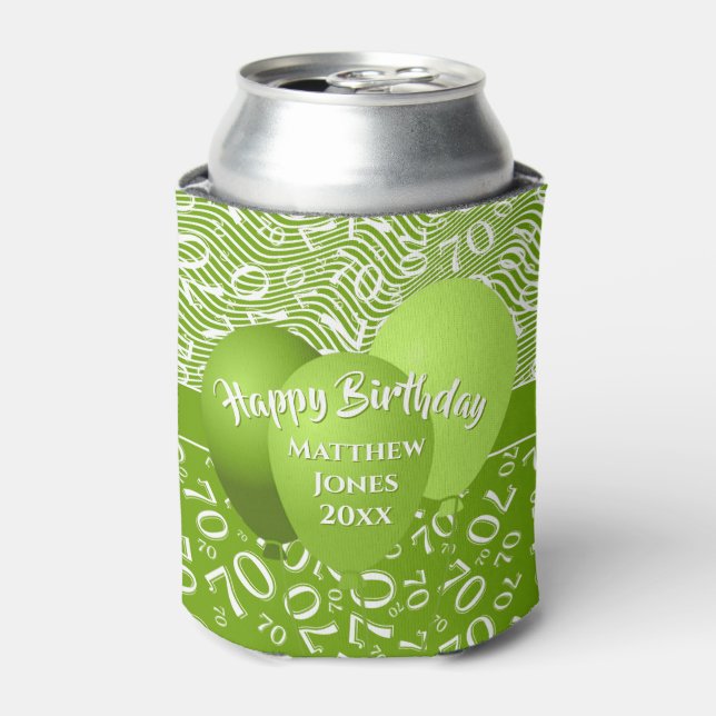 Happy Birthday 70th Number Pattern Green and White Can Cooler (Can Front)