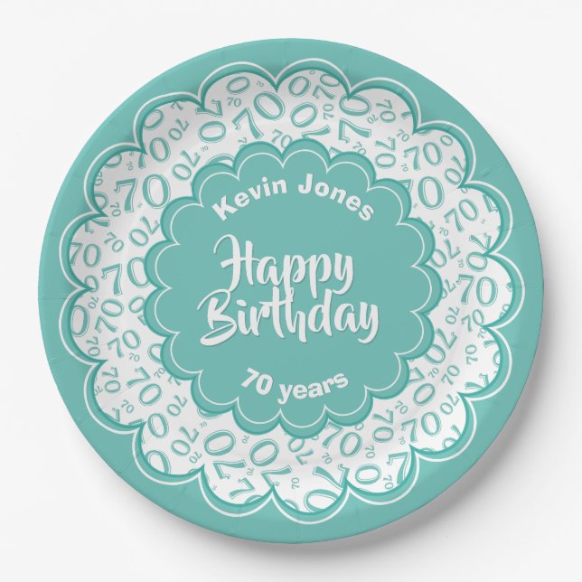 Happy Birthday 70th Teal/White Number Pattern Paper Plate (Front)
