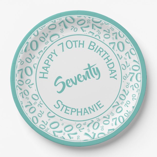Happy Birthday 70th Teal/White Number Pattern Paper Plate (Front)