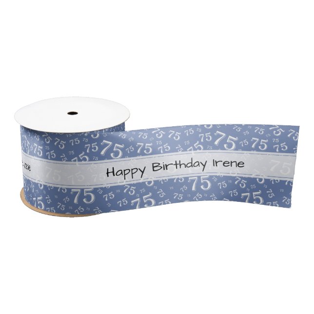 Happy Birthday 75 Number Pattern Blue/White Satin Ribbon (Spool)
