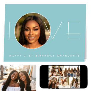 Happy Birthday 7 Photo Collage Love Elegant Blue Card