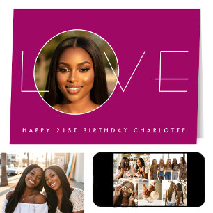 Happy Birthday 7 Photo Love Elegant Dark Pink Card