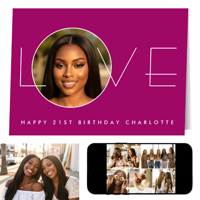 Happy Birthday 7 Photo Love Elegant Dark Pink Card (Creator Uploaded)