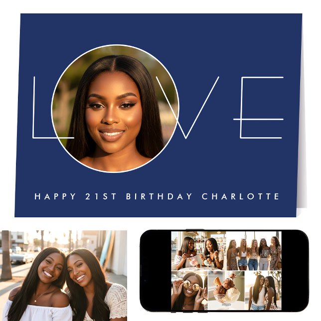 Happy Birthday 7 Photo Love Elegant Navy Blue Card (Creator Uploaded)
