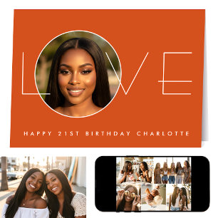 Happy Birthday 7 Photo Love Elegant Orange Card