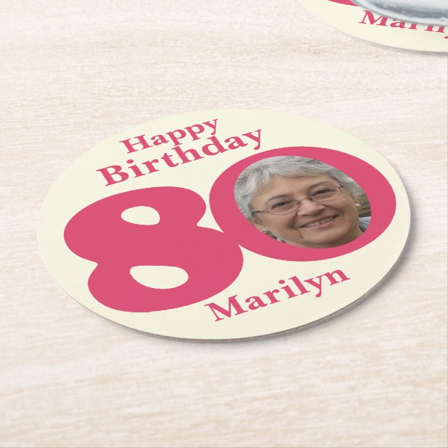 Happy birthday 80 name and photo paper coasters (Angled)