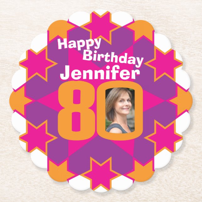 Happy birthday 80th name and photo paper coasters (Front)