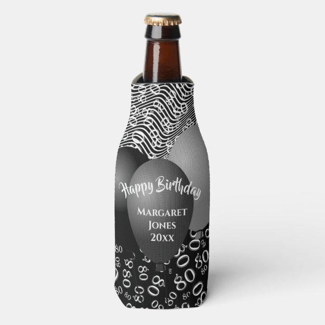 Happy Birthday 80th Number Pattern Black and White Bottle Cooler (Bottle Front)