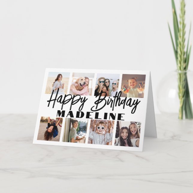 Happy Birthday 8 Photo Collage Elegant Minimalist Card (Front)