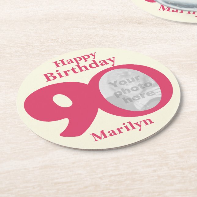Happy birthday 90 name and photo paper coasters (Angled)