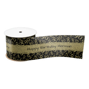 "Happy Birthday" 90 Number Pattern Gold and Black Satin Ribbon