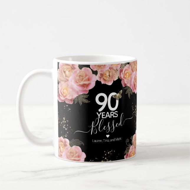 Happy Birthday 90 Years Blessed Pink Floral Coffee Mug (Left)