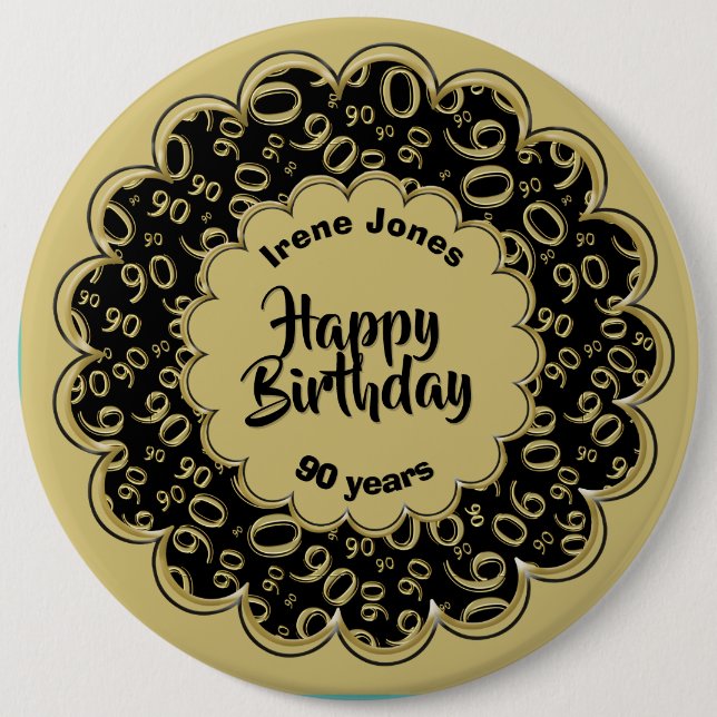 Happy Birthday, 90th Gold/Black Number Pattern 6 Cm Round Badge (Front)