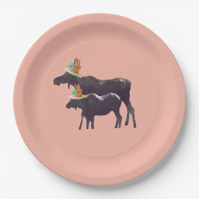 Happy birthday 9" Paper Plate w/ moose (Front)
