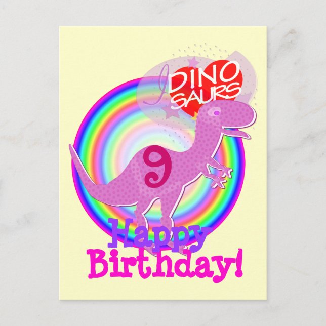 Happy Birthday 9 Years Purple T-Rex Dino Postcard (Front)