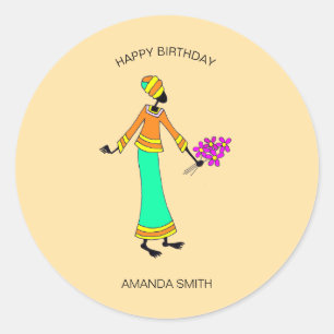 Happy Birthday Abstract, Lady and Floral Classic Round Sticker