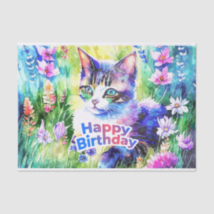 Happy Birthday Abstract Watercolor Cat Tissue Paper